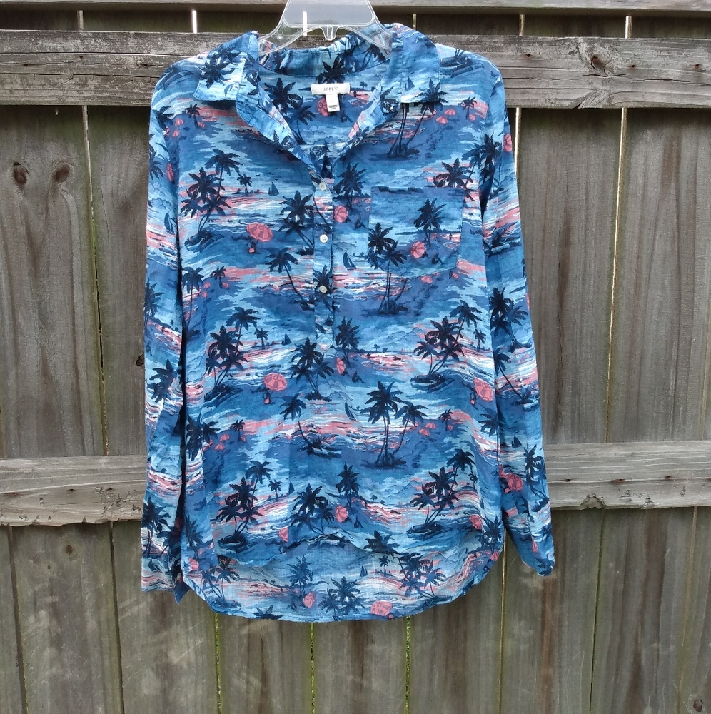 J.crew Blue tropical Half button Up blouse 12